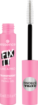 Różowy żel Essence Fix It Like a Pro Transparent Brow Fixing Gel z odkręconą nasadką i szczoteczką, widok z przodu.