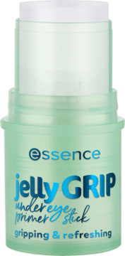 Sztyft Essence Jelly Grip under-eye primer, przezroczysto-zielony, z niebieskim napisem, widok z przodu.