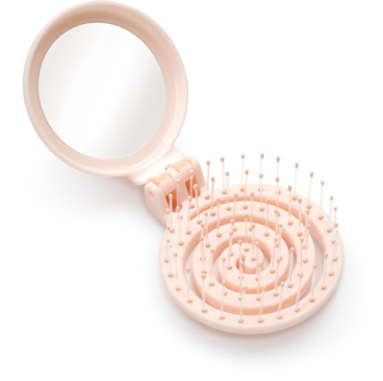 Otwarta, jasnoróżowa, składana mini szczotka do włosów z lusterkiem i okrągłym, spiralnym grzebieniem, widok z góry.
