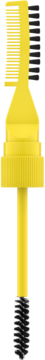 Vertical view of a yellow Catrice Brow Sleek Laminating Wax applicator with a black comb and brush.