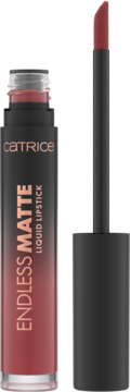 Catrice Endless Matte Liquid Lipstick, matowa, w odcieniu czerwonego brązu, otwarta butelka z wyjętym aplikatorem.