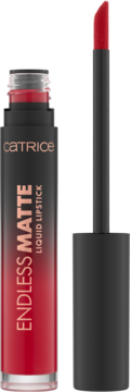 Czerwona matowa pomadka w płynie Catrice Endless Matte Liquid Lipstick w czarno-czerwonej butelce z aplikatorem, widok z przodu.