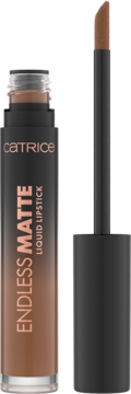 Matowa pomadka w płynie Catrice Endless Matte Truly Yours, ciemny beż, z aplikatorem obok.