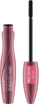 Bordowy tusz Catrice Glam & Doll Endless Lash z precyzyjną szczoteczką obok tubki, widok z przodu.