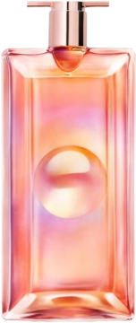 Lancome Idole Nectar EDP w przezroczystej butelce o ciepłych barwach, z centralnym okrągłym detalem i różowo-złotą nakrętką.