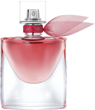Lancôme La Vie Est Belle Intensement, ikoniczna butelka z różowym płynem i jedwabną wstążką, widok z przodu.