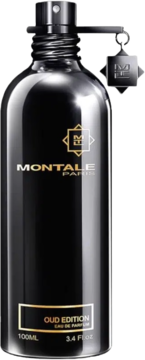 Montale Oud Edition Eau de Parfum w czarnej, metalicznej butelce, widok z przodu, złote logo i napisy.