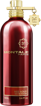 Montale Red Aoud Eau de Parfum 100ml, czerwony flakon z metalu ze złotą nakrętką i ozdobną zawieszką, widok z przodu.