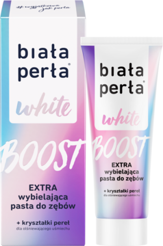 Biała Perła White Boost, pasta wybielająca, pudełko i tubka w biało-fioletowym gradiencie, widok z przodu.
