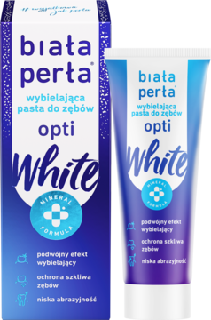Biała Perła Opti White pasta wybielająca, białe pudełko i tubka z niebieskimi akcentami, widoczne logo i tekst.