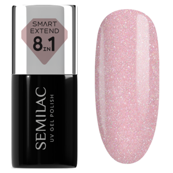 Butelka Semilac Smart Extend 8.1, czarna ze srebrną nakrętką, obok swatcha brokatowego różowego lakieru nr 805.