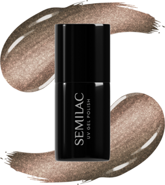 Lakier hybrydowy Semilac 488 The Chic One w czarnej butelce, brokatowy taupe, efekt Velvet Nails, widok z przodu.