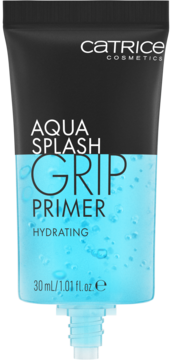 Czarno-niebieska tubka Catrice Aqua Splash Grip Primer, nawilżająca baza do makijażu z widoczną żelową formułą.