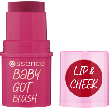 Róż w sztyfcie Essence Baby Got Blush Cherry Baby, otwarty z nakrętką obok z napisem LIP & CHEEK.