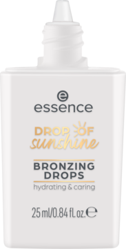 Biała butelka Essence Drop of Sunshine Bronzing Drops 25ml z białym kroplomierzem, widok z przodu, złote litery.