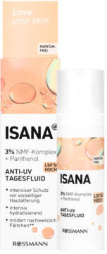 Isana Anti-UV Tagesfluid SPF 50 w białej butelce na tle z kroplami, widok z przodu, bez perfum.