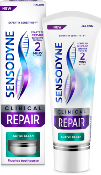 Sensodyne Clinical Repair Active Clean fluoride toothpaste, white tube & box, purple/blue DNA logo, front view.