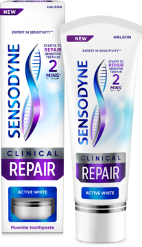 Sensodyne Clinical Repair Active White pasta z fluorkiem, białe pudełko i tubka, widok z przodu.