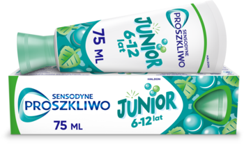 Pasta do zębów Sensodyne ProSzkliwo Junior dla dzieci 6-12 lat, biało-zielona tubka 75ml na pudełku, widok z góry.