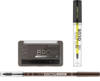 Zestaw Catrice The Essential Brow Set Medium z pudrem, żelem Super Glue i kredką do brwi, czarne tło.