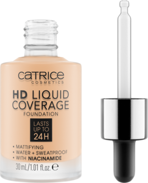 Matujący podkład Catrice HD Liquid Coverage Foundation 24H w szklanej butelce z dropperem, widok z przodu.