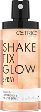 Catrice Shake Fix Glow Spray, nawilżający utrwalacz z kaktusem i ananasem, widok z przodu, brzoskwiniowa butelka.