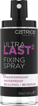 Catrice Ultra Last" Fixing Spray, czarna butelka 50ml z pompką. Zapewnia wodoodporne i transferproof wykończenie.