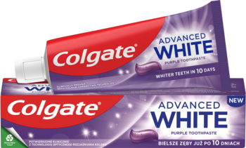Dwie tubki fioletowej pasty do zębów Colgate Advanced White Purple, jedna otwarta, z widoczną pastą.