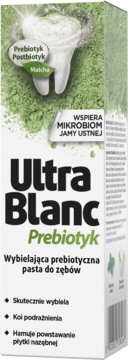 Pasta Ultra Blanc Prebiotyk, białe opakowanie z zieloną matchą i zębem, widok z przodu. Wspiera mikrobiom.
