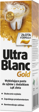 Ultra Blanc Gold wybielająca pasta do zębów z 24K złotem, opakowanie z widoczną grafiką zęba i złotych drobin.
