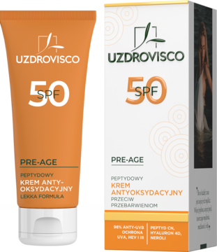 UZDROVISCO peptydowy krem antyoksydacyjny SPF 50 Pre-Age, pomarańczowa tubka i jasne opakowanie.