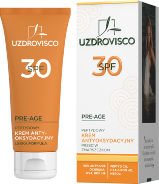 Uzdrovisco Peptydowy Krem Antyoksydacyjny SPF 30 w pomarańczowej tubce i pudełku, widok obok siebie.