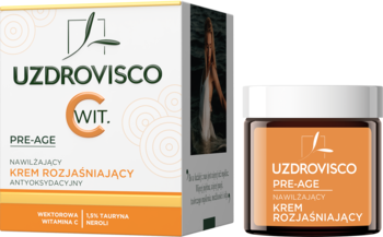 Krem rozjaśniający UZDROVISCO PRE-AGE WIT. C, pomarańczowo-brązowy słoiczek i białe pudełko, widok z przodu.