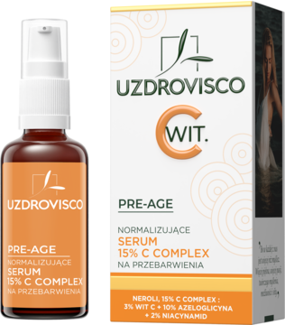 Uzdrovisco Serum 15% C Complex na przebarwienia w brązowej butelce z pompką i pudełku, widok z przodu.