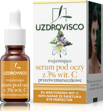 Uzdrovisco rozjaśniające serum pod oczy z 3% wit. C. Bursztynowa butelka z pipetą przed białym pudełkiem.