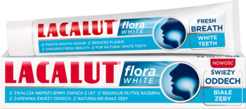 Lacalut Flora White pasta, dwie białe tubki z czerwonym logo i hasłem 'Świeży Oddech Białe Zęby'.
