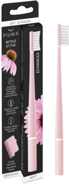 Różowa szczoteczka Piuma z miękkim włosiem echinacea, w opakowaniu obok wolnostojącej szczoteczki.
