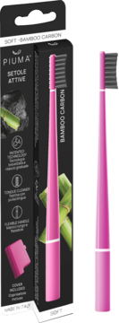 Piuma Soft Bamboo Carbon, różowa szczoteczka do zębów z pokrywką w czarnym opakowaniu, widok z przodu.