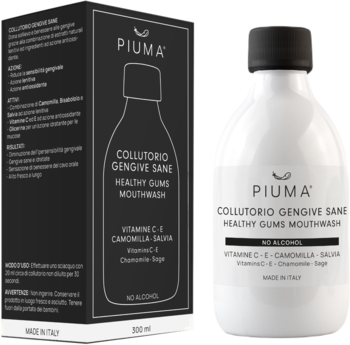 PIUMA Healthy Gums Mouthwash: biała butelka obok czarnego pudełka, z witaminami C-E i rumiankiem.