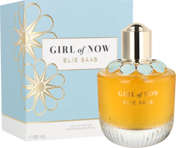 Elie Saab Girl of Now 90ml EDP, bursztynowa butelka z turkusowym zdobieniem, błękitne pudełko ze złotymi kwiatami.