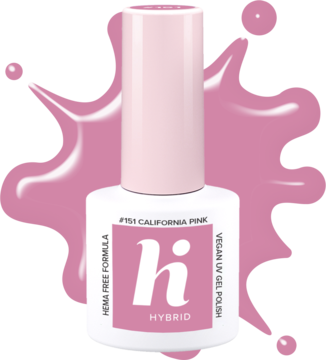 Różowy, wegański lakier hybrydowy Hi Hybrid #151 California Pink, butelka z przodu na rozmytej różowej bazie.