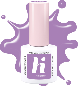 Buteleczka pastelowego, lawendowego lakieru hybrydowego Hi Hybrid #152 Violet Eclipse z różową zakrętką.