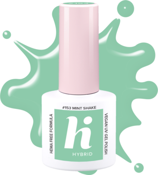 Lakier hybrydowy Hi Hybrid #153 Mint Shake, miętowa butelka z jasnoróżową nakrętką, widok z przodu na etykietę.
