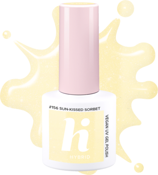 Żółty lakier hybrydowy Hi Hybrid #156 Sun-Kissed Sorbet, butelka z różową nakrętką, widok z przodu na świetlistym tle.