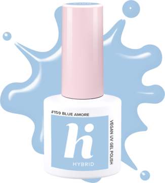 Lakier hybrydowy Hi Hybrid #159 Blue Amore, jasnoniebieska butelka z jasnoróżową nakrętką, widok z przodu.
