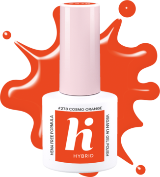 Lakier hybrydowy Hi Hybrid #278 Cosmo Orange, butelka z białym korpusem i różową zakrętką, na pomarańczowym tle.