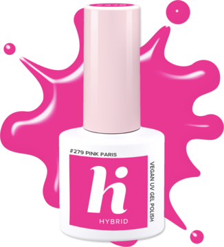 Wegański lakier hybrydowy Hi Hybrid #279 Pink Paris, neonowy róż. Butelka z logo na tle dynamicznej różowej plamy.
