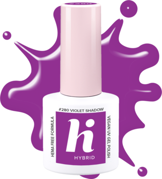 Biała butelka lakieru Hi Hybrid #280 Violet Shadow, neonowy fiolet, widok z przodu na fioletowych plamach.