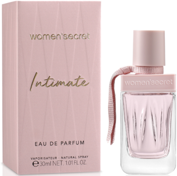 Women’Secret Intimate EDP 30ml: różowe pudełko ze złotym napisem i butelka z różową kokardką, widok z przodu.