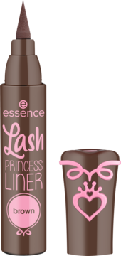 Essence Lash Princess Liner w pisaku, brązowy eyeliner z precyzyjnym aplikatorem, obok widoczna nakrętka z różowym sercem.
